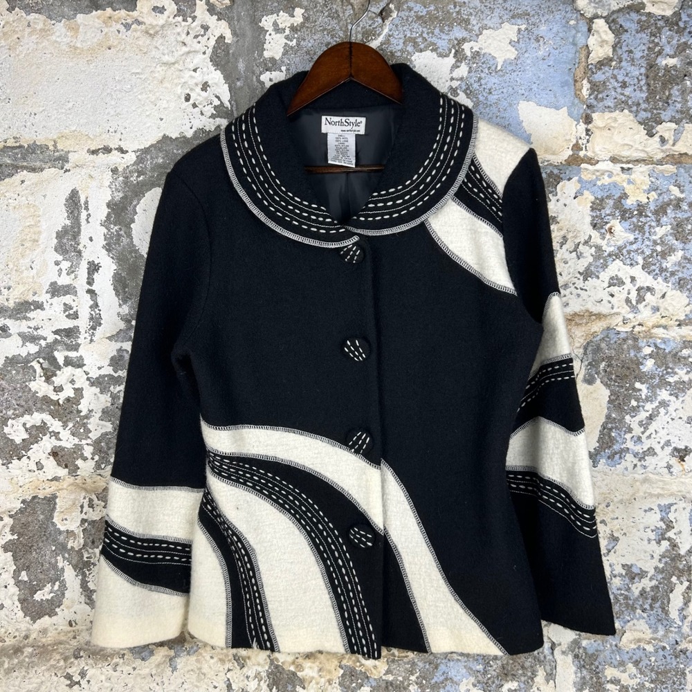 Vintage NorthStyle 100% Wool Jacket Black White Abstract Swirl Trim Medium